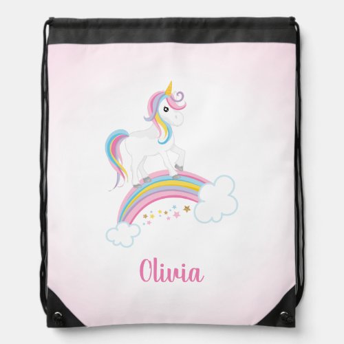 Pink Magical Rainbow Unicorn Personalized Drawstring Bag