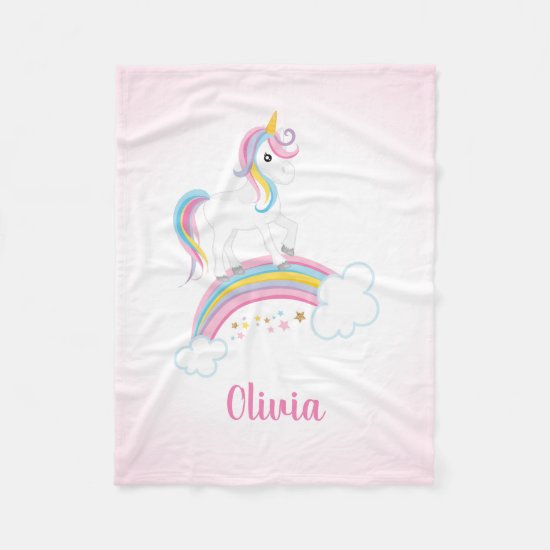 Pink Magical Rainbow Unicorn Personalized Fleece Blanket