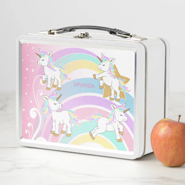 Pink Magical Rainbow Unicorns Metal Lunch Box | Zazzle