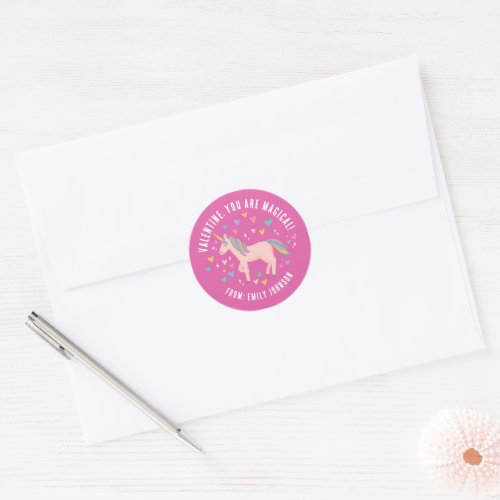 Pink Magical Unicorn Classroom Valentine Gift Classic Round Sticker