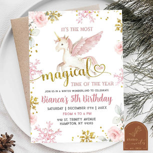 Pink Magical Unicorn Floral Winter Birthday Girl I Invitation