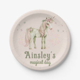 Pink Magical Unicorn Personalized Birthday Paper Plates