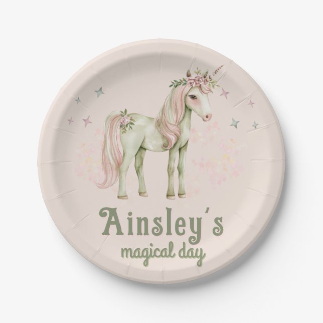 Pink Magical Unicorn Personalized Birthday Paper Plates (Front)