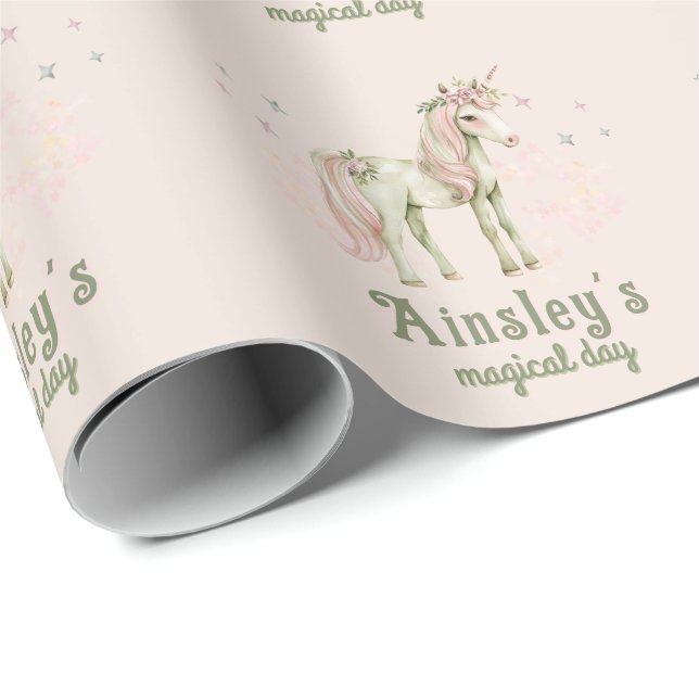 Pink Magical Unicorn Personalized Birthday Wrapping Paper (Roll Corner)