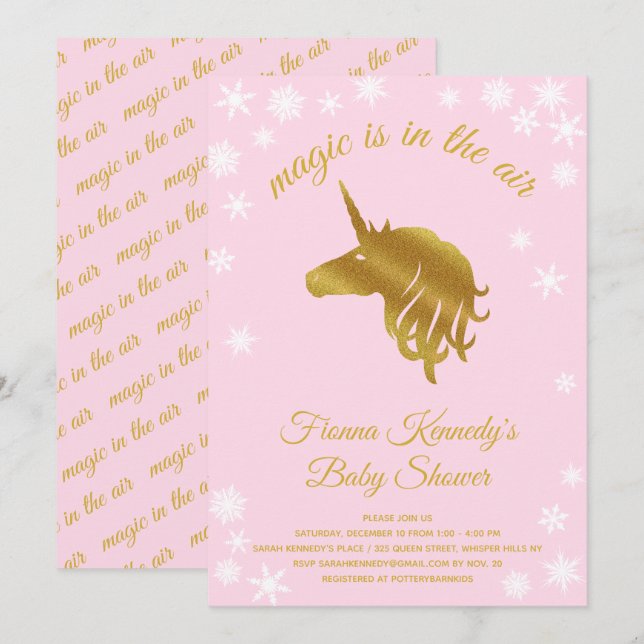 Pink Magical Unicorn Winter Baby Shower Invitation (Front/Back)