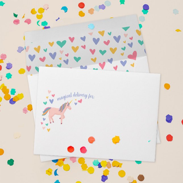 Pink Magical Unicorn with Rainbow Hearts Envelope (blush pink unicorn matching party envelope with pastel hearts and magical delivery for party guests)
