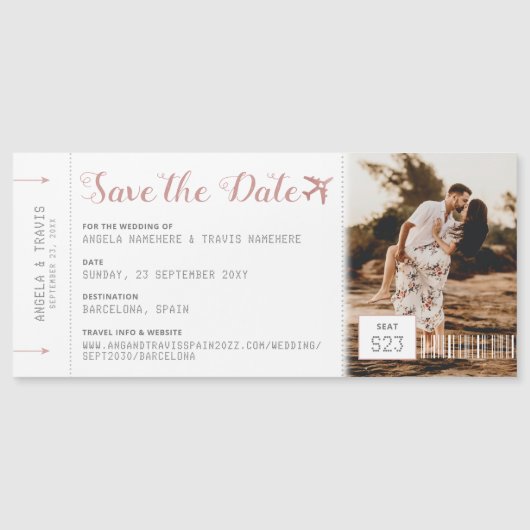 Pink Magnetic Boarding Pass Ticket Save the Date (Front)
