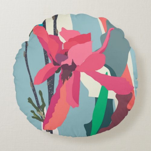 Pink Magnolia Abstract Floral Color Blocks Home    Round Pillow