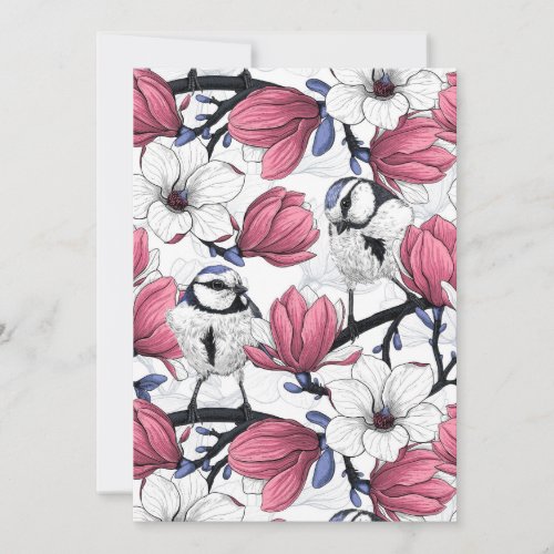 Pink magnolia and blue tit birds