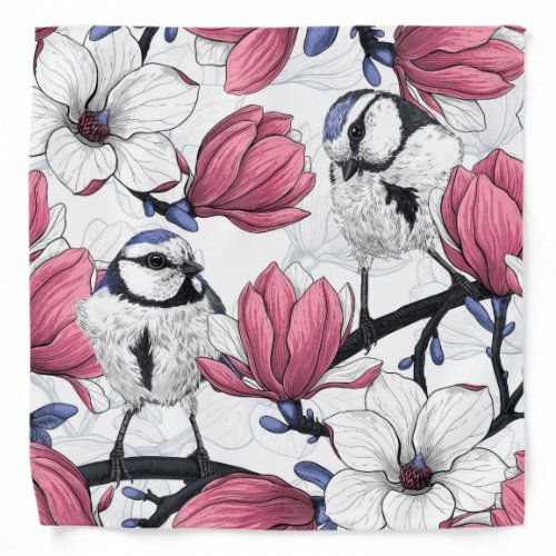 Pink magnolia and blue tit birds bandana