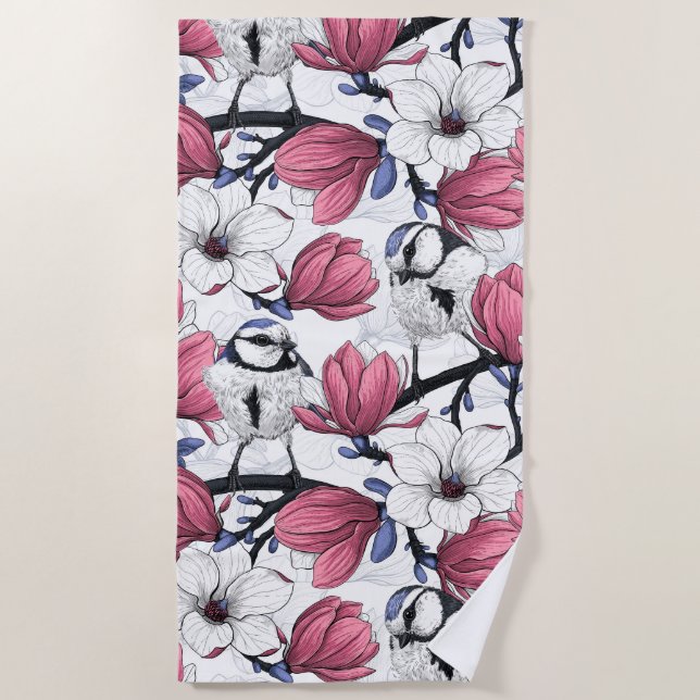 Pink magnolia and blue tit birds beach towel (Front)
