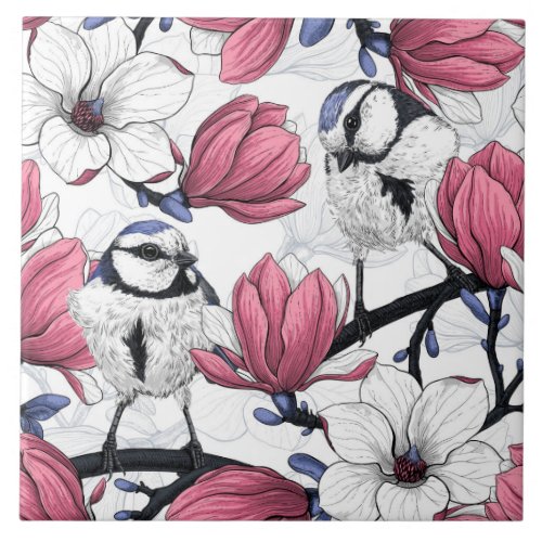 Pink magnolia and blue tit birds ceramic tile