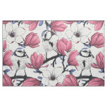Pink magnolia and blue tit birds fabric