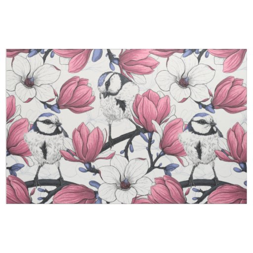 Pink magnolia and blue tit birds fabric