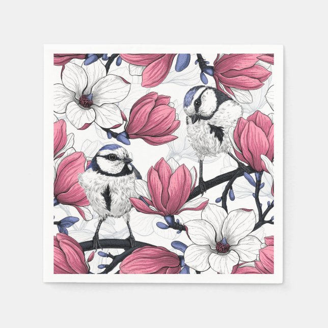 Pink magnolia and blue tit birds napkins (Front)