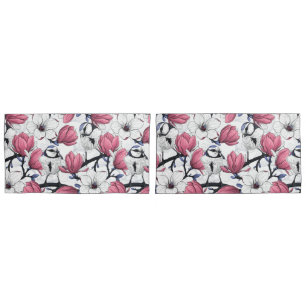 Pink magnolia and blue tit birds pillow case