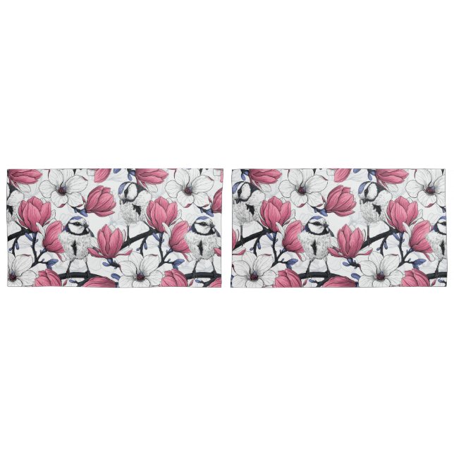 Pink magnolia and blue tit birds pillow case (Front-Set)