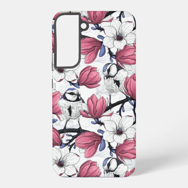 Pink magnolia and blue tit birds samsung galaxy case (Back)