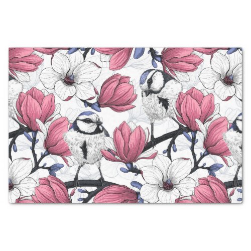 Pink magnolia and blue tit birds tissue paper