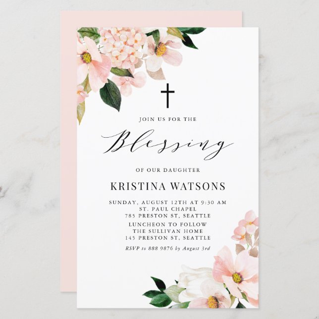 Pink Magnolia and Hydrangea Baby Blessing Invite (Front/Back)