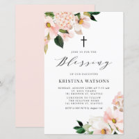 Pink Magnolia and Hydrangea Baby Blessing Invite