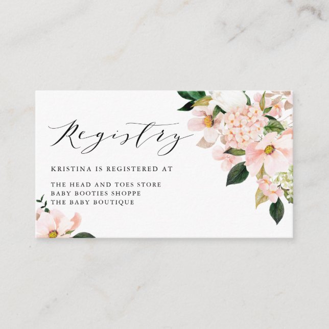 Pink Magnolia and Hydrangea Baby Shower Registry Enclosure Card (Front)
