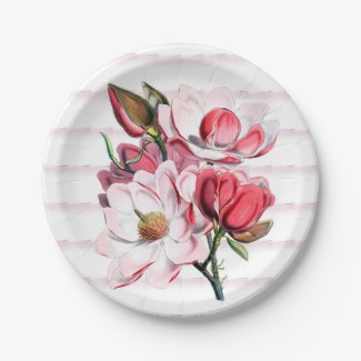 Pink Magnolia Blooms Paper Plates 7"