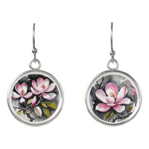 Pink Magnolia Blooms Watercolor Earrings