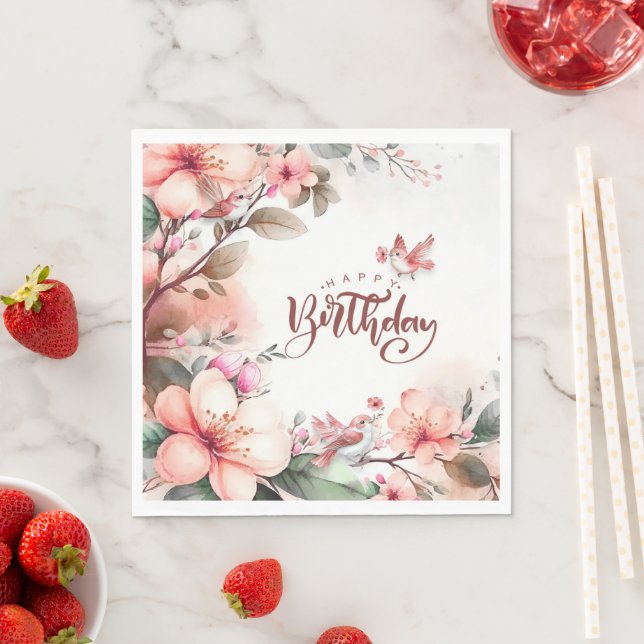 Pink Magnolia Blossoms and Birds Happy Birthday Napkins (Insitu)