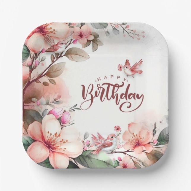 Pink Magnolia Blossoms and Birds Happy Birthday Paper Plates (Front)