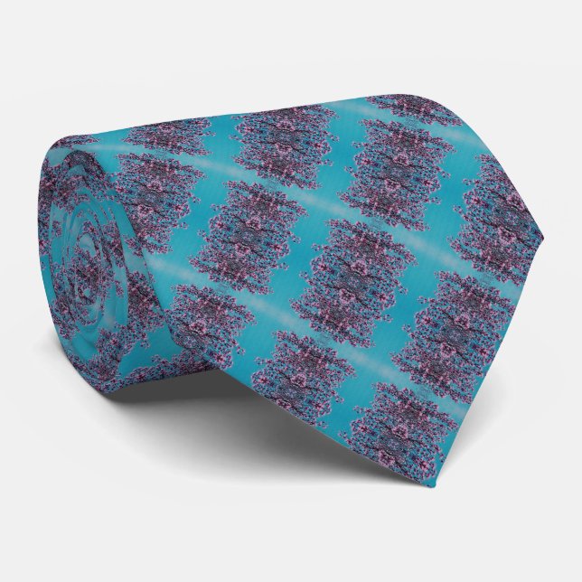 Pink Magnolia Blossoms Blue Sky Abstract Art Neck Tie (Rolled)