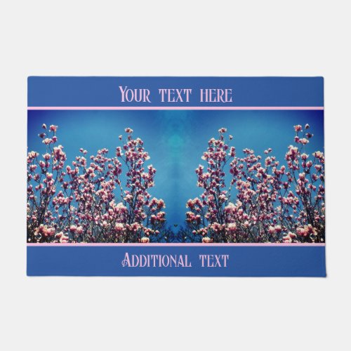 Pink Magnolia Blossoms Blue Sky Personalized Doormat