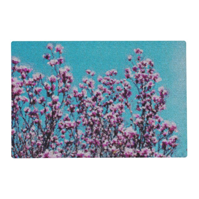 Pink Magnolia Blossoms Blue Sky Photo Painting  Placemat (Front)