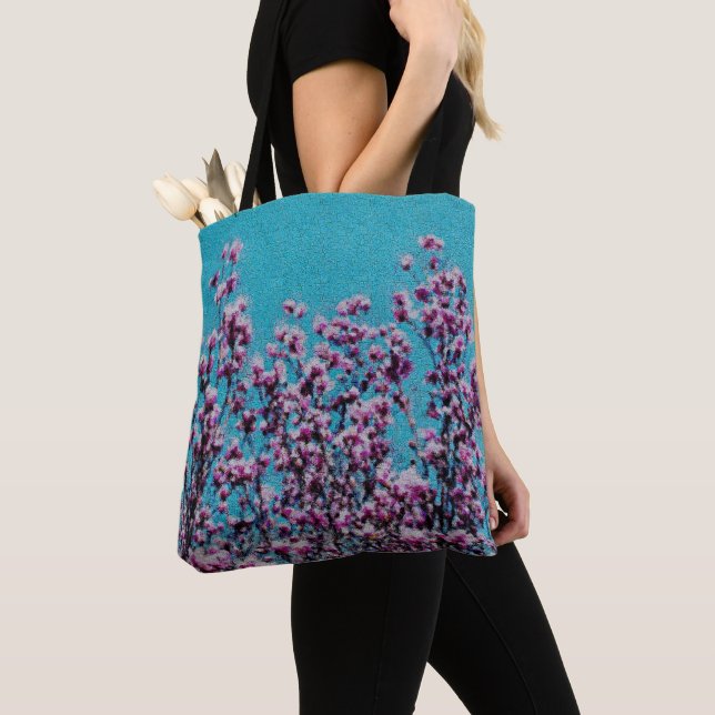 Pink Magnolia Blossoms Blue Sky Photo Painting Tote Bag (Close Up)