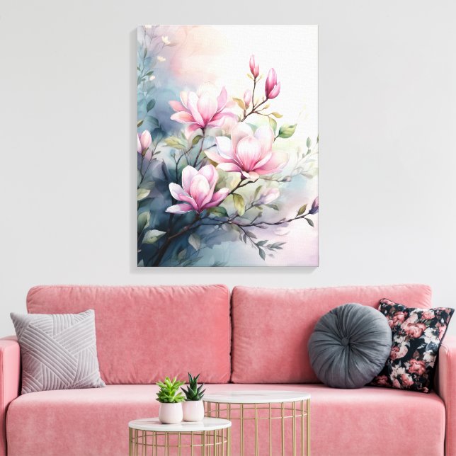 Pink Magnolia Blossoms Botanical Canvas Print (Insitu(LivingRoom))