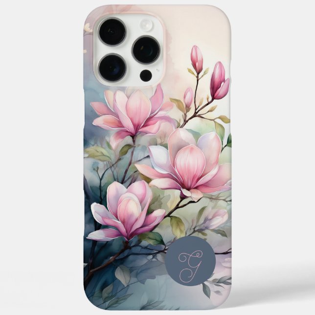 Pink Magnolia Blossoms Botanical Monogrammed Case-Mate iPhone Case (Back)
