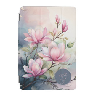 Pink Magnolia Blossoms Botanical Monogrammed iPad Mini Cover