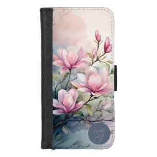 Pink Magnolia Blossoms Botanical Monogrammed iPhone 8/7 Wallet Case