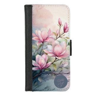 Pink Magnolia Blossoms Botanical Monogrammed iPhone 8/7 Wallet Case