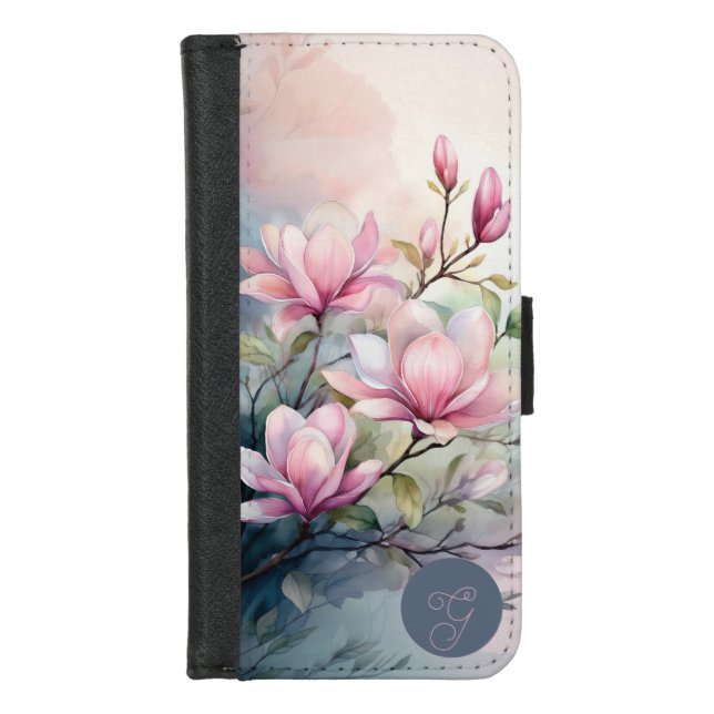 Pink Magnolia Blossoms Botanical Monogrammed iPhone Wallet Case (Front)