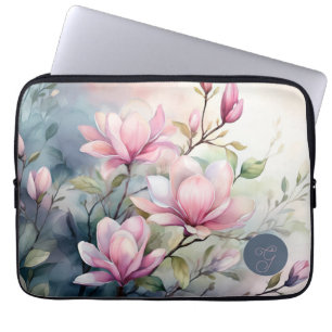 Pink Magnolia Blossoms Botanical Monogrammed Laptop Sleeve
