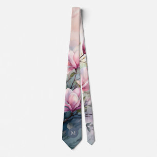 Pink Magnolia Blossoms Botanical Monogrammed Neck Tie