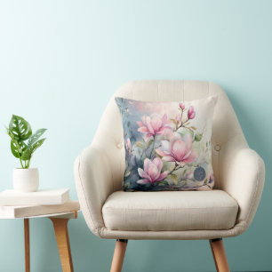 Pink Magnolia Blossoms Botanical Monogrammed Throw Pillow