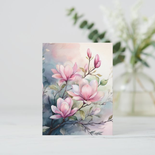 Pink Magnolia Blossoms Botanical Postcard (Standing Front)