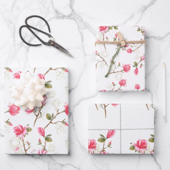 Pink Magnolia Blossoms Spring Bridal Shower  Wrapping Paper Sheets (Front)