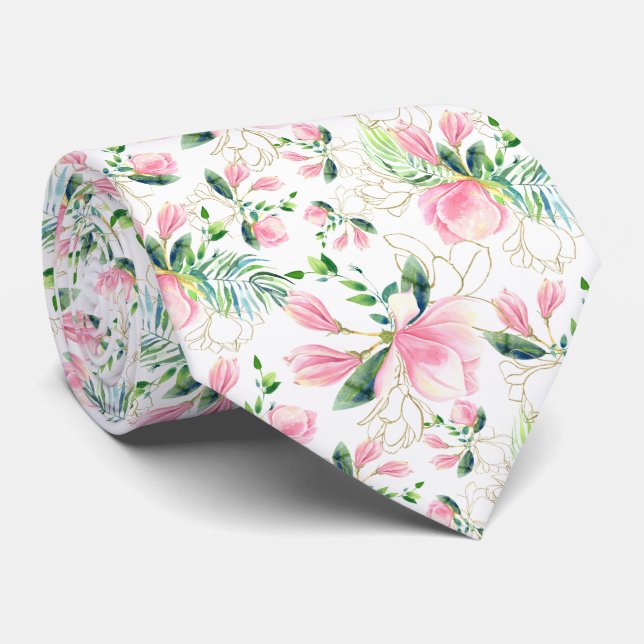 Pink Magnolia Blossoms with Gold Filigree Designs Neck Tie (Rolled)