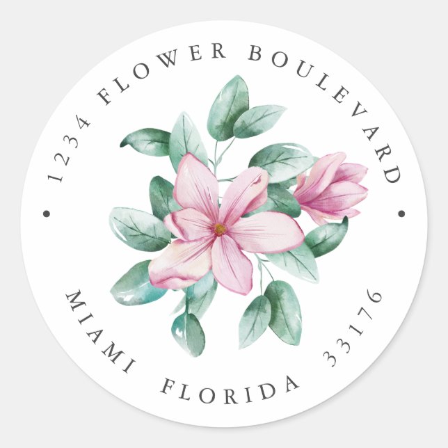 Pink Magnolia Bouquet Botanical Return address Classic Round Sticker (Front)