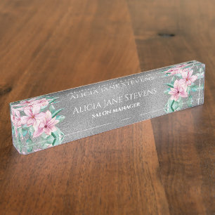 Pink magnolia bouquet silver glitter salon manager desk name plate