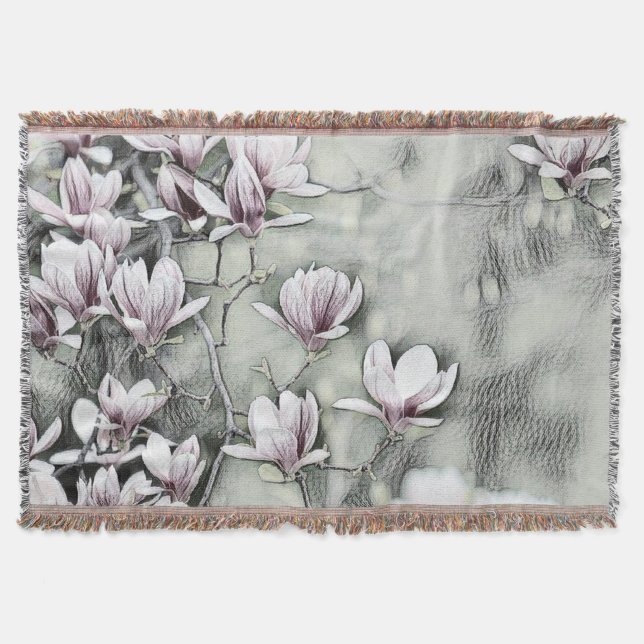 Pink magnolia branch drawing gray black backgound throw blanket (Front)