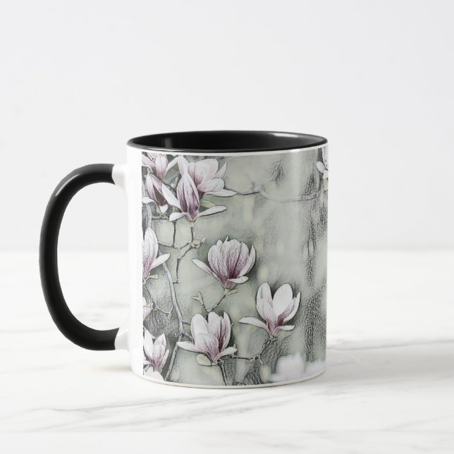 Pink magnolia branch drawing grey black backgound  mug (Left)